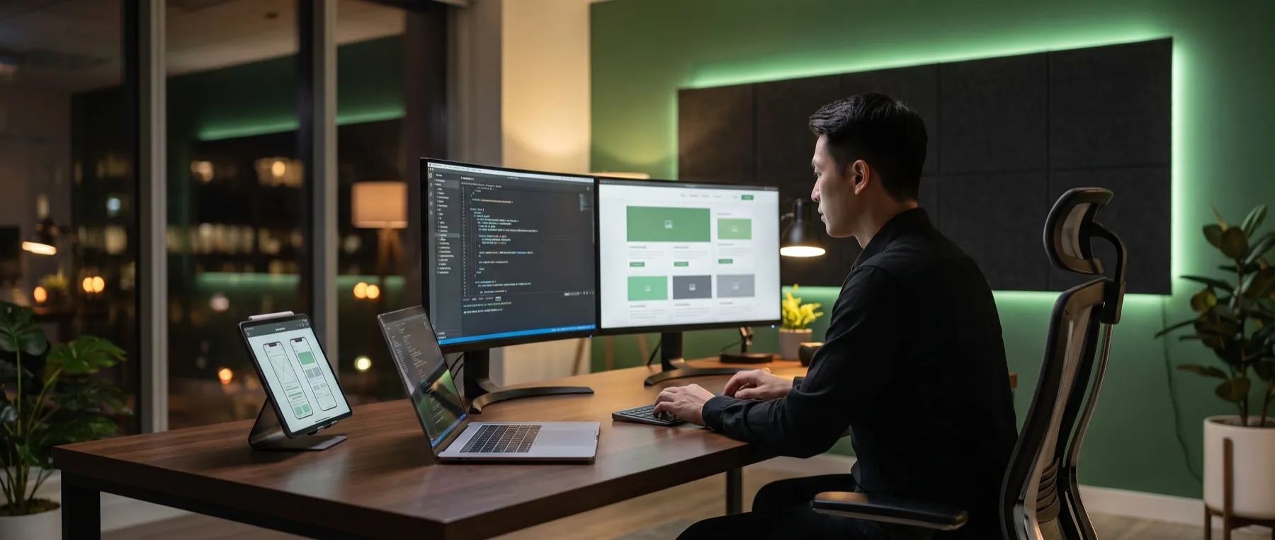 Web developer building responsive websites and applications at a modern workstation