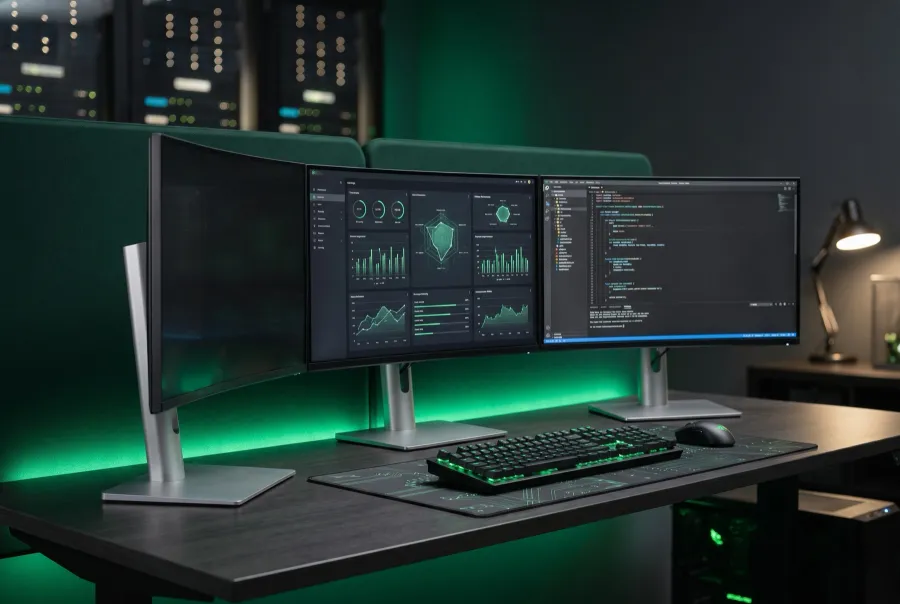 Custom web application with analytics dashboard and code on a multi-monitor setup
