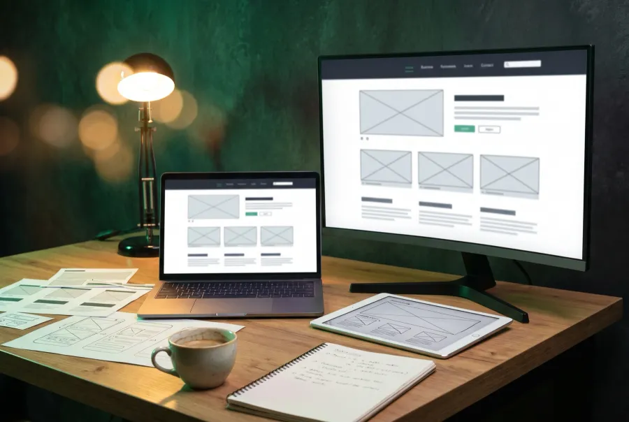 Multi-page website design with wireframes and mockups on a desktop workstation